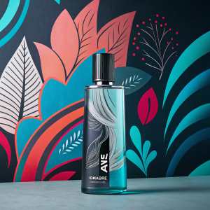 A sleek, modern advertisement for Axe Apollo cologne. The bottle is prominently featured against a backdrop of vibrant, abstract shapes and colors, creating a visually striking and innovative design.