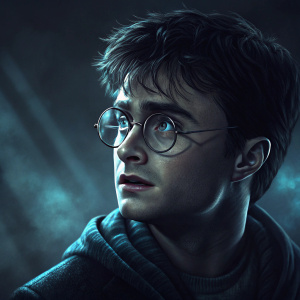 Daniel Radcliffe as Harry Potter in dark, moody scene. Eyes and glasses prominent. Ghostly blue lighting, close-up