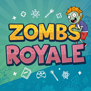 A promotional banner for Zombs Royale. Bright, cartoonish design featuring a playful zombie character. Diverse color palette, modern gaming vibe, various text sizes and styles, intricate graphic shapes.