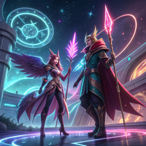 Xayah and Rakan in a futuristic space arena. Glowing stars and cosmic swirls in the background