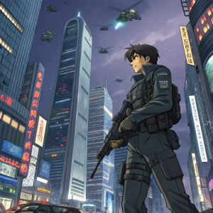 Illustration of Sousuke Sagara from Full Metal Panic! standing in a futuristic cityscape. Detailed manga style with vibrant colors.