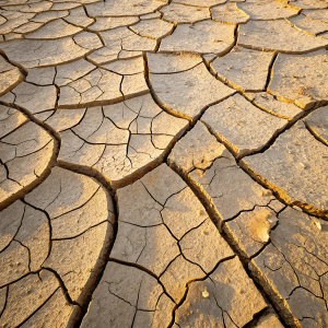 A high-definition close-up of cracked earth, showcasing intricate patterns of fissures. The surface is a mix of beige and brown tones, with a rough texture and closely packed cracks.