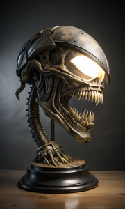 Table lamp made from the skull of a xenomorph. Side view.