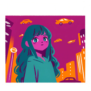 Digital illustration featuring a young anime girl with long dark wavy hair. She is in a vibrant, futuristic cityscape filled with neon lights and flying cars. The background is a bustling urban scene, blending modernity with traditional anime style.