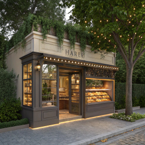 Virtual reality render of Harth Bakery. Lush trees surrounding. Warm, inviting storefront with bakery items on display