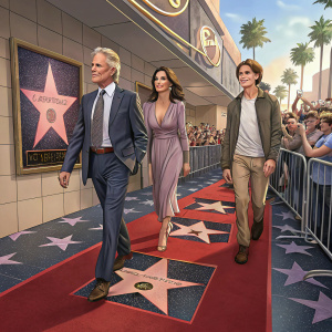 Michael Douglas, Catherine Zeta-Jones, and Dylan Michael Douglas walking down the Hollywood Walk of Fame. Crowd cheering.