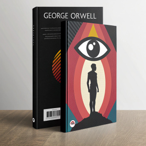 Contemporary cover art for George Orwell's '1984'. A bold, minimalist design with an eye motif and abstract human silhouette. Vibrant colors contrast against a dark background. Back cover features summary and barcode in sleek, modern style.