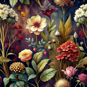 DARK BROWN  background botanic  , watercolor VINTAGE 
 image with dark brown   background , brown  VIBURNUM  , CRASPEDIA ,  ,anemone ,hollyhock ,CORTADERIA ,BRASSICA,DAUCUS ,snapdragon,celosla,gladiolus,vinca , achillea   ,astrantia ,LATHYRUS,  achillea, physalis , watercolor, dark brown  background FOR WRAPPING PAPER
