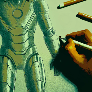 High-definition illustration of Tony Stark's Iron Man suit. Ballpoint pen and colored pencils bring the character to life on a drawing pad. Artist's hand depicted in the process, tools neatly organized around the workspace