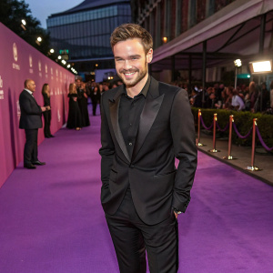 Liam Payne, wearing a black suit, poses on the purple carpet. The backdrop is a bustling charity gala.