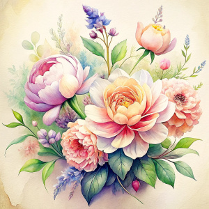 watercolor image ,Pink white Peonies Snowdrops, lobelia, clematis,salvia , carnation, Common Crape Myrtle., Ranunculus viburnum, wax flower, dandelion, geranium , watercolor , watercolor