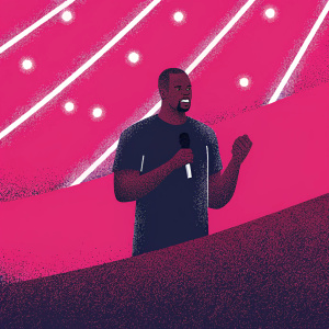 Idris Elba, wearing a casual, black t-shirt, at a tech conference. Neon lights in the background