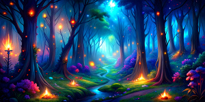 Dark mysterious woods in the evening. Disney-style landscape. Bright, vibrant colors. Tiny glowing fireflies in the air. A lot of green. A white rabbit wearing a waistcoat standing on his legs is in the center.