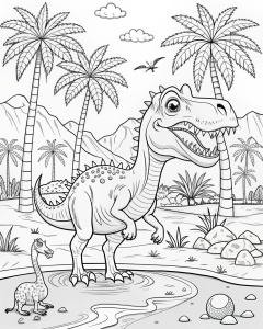 b/w vector illustration line outline of A cool cartoon Carcharodontosaurus with sharp teeth, standing by a desert oasis with palm trees, a small pond, and camels resting nearby, black and white drawing, coloring book page, no noise, outline art, isolated on white background, coloring pages, {{{{{ white background }}}}}, only use outline, cartoon style, coloring book, clean line art, white background, no color and shading 