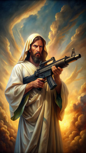 Jesus shoots with a machine gun
