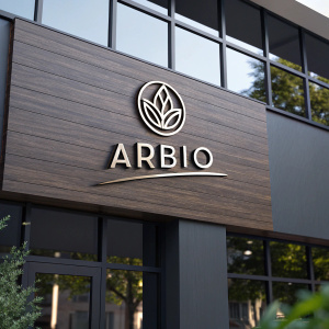 Arbio's new logo, a clean, modern design with a metallic finish, prominently displayed on a sleek building facade. Dark wood background, highlighting the upper part of the building exterior.