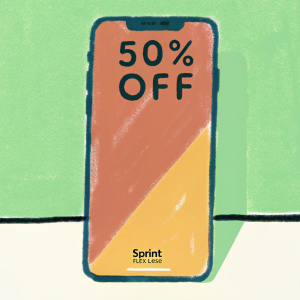 Ad featuring discounted iPhone X with Sprint Flex lease. Large, bold text reads '50% OFF' on a sleek white background.