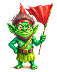 very comic and crazy green troll, illustration, red accessories, lifting a red flag, vintage cartoon effect, white background