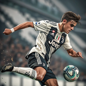 Paulo Dybala in action during a soccer match. Mid-kick pose with a blurred stadium background.