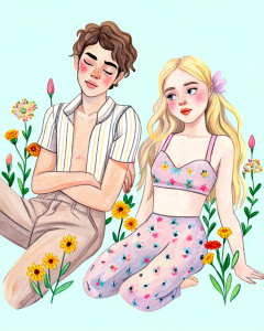 Sketch, landscape, young  clothes, Billie Eilish and Shawn Mendes body whole, face  arrogant, pose arrogant,  hot body, long shoulders, moment intense make love and romantic lying down in grass, novel style, 2D, flatlines, illustration drawing sketch, details, homogeneous texture