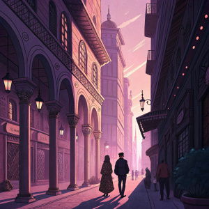 In a bustling fantasy city, a couple walks through a narrow alleyway. The towering buildings, with their intricate arches and columns, cast long shadows. Decorative elements and warm hues of purple and pink illuminate the scene.