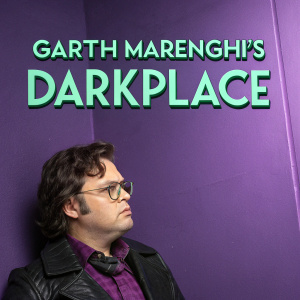 Promotional poster for Garth Marenghi's Darkplace. Title in bold green letters against a solid purple backdrop.