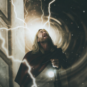 Anguished Thor, long hair and beard, standing amidst swirling cosmic energy and lightning bolts. Dark, ethereal background.