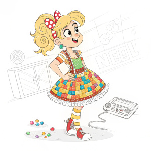 Coloring book illustration of Vanellope von Schweetz from Wreck-It Ralph.