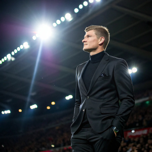 Toni Kroos, German midfielder, wearing a sleek black suit. At a post-match press conference. Bright stadium lights, blurred audience.