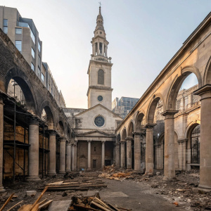 St Paul's Church in Covent Garden, London. Aftermath of a devastating fire in 1795. Ruined stone columns and arches