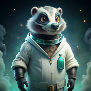 A badger animation character as a cosmonaut in chemical doctor's gown, stannding as a hero and giggling, teal colors, high resolution
