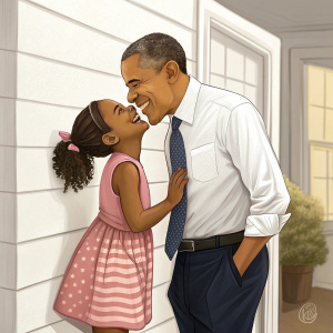 Barack Obama, former US President, playfully kissing his daughter Malia. They are standing against a white wall, at home.