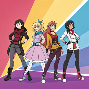 Four animated female characters from the series RWBY. Each with unique fashion styles. Pink, blue, purple and yellow gradient background.
