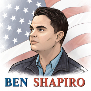 Digital portrait of Ben Shapiro. Cartoonish lines with realistic shading. American flag elements. Text 'BEN SHAPIRO' at bottom