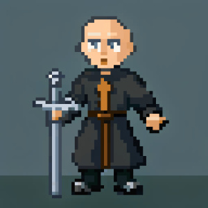 a bald priest with a full body sword
