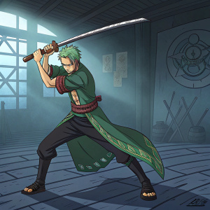 Zoro, a character from One Piece, standing in an action pose with a large sword. The background is a dimly lit room with mysterious shadows and symbols. Zoro's determined face and spiky green hair are clearly visible. The scene captures the intensity and drama of the moment.