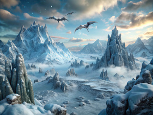 skyrim background, winter atmosphere, dragons in the sky
