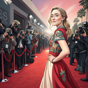 Saoirse Ronan on the red carpet, posing confidently. Event has flashing cameras, paparazzi, and vibrant atmosphere.