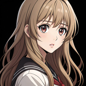 Anime girl, with long wavy hair, serious look. Black background. Close-up view.