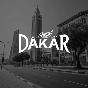 Modern flat design logo for Dakar. Bold sans-serif font in white. Black background
