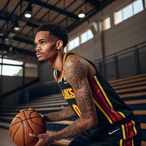 Dejounte Murray, wearing a black jersey with yellow and red accents, posing in a basketball gym. Serious face, tattoos visible on arms. Holding a basketball, ready for action.