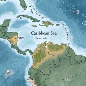 Interactive map of the Caribbean Sea region. Includes countries such as Mexico, Venezuela, and labeled 'Caribbean Sea'. Traditional style with water in blue and land in green.