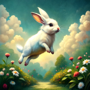 white bunny flying next to it