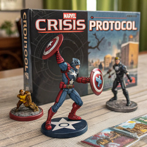 The cover of Marvel Crisis Protocol board game, featuring multiple iconic Marvel characters in dynamic poses. The packaging prominently displays the Marvel logo, alongside detailed illustrations of characters like Spider-Man, Captain America, and Iron Man. Designed for both board game enthusiasts and Marvel fans, the box showcases collectible figurines of the characters, set to create an immersive gaming experience.
