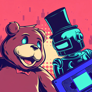 Illustration for video game Danganronpa. Shows characters: brown bear with top hat, black and white robot. Background has glitches and VHS textures. Mix of cartoon and modern elements.