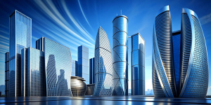 Modern skyscrapers of a smart city, futuristic financial district, graphic perspective of buildings and reflections - Architectural blue background for corporate and business brochure template 