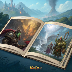 Open book showcasing vivid artwork from Warcraft HBO promotional material for Latin America. Detailed depiction of game characters