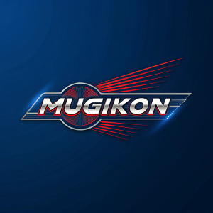 A sleek, metallic logo for 'Mugikon' set against a deep blue background, symbolizing speed and modernity for a dynamic sports event brand.