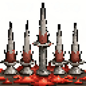 sharp wooden and metal spikes on the ground in one row with blood on some of them  