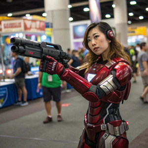 Yuna Park, an avid gamer, striking a pose at the Comic-Con convention. Clad in a replica Iron Lady armor, she holds a futuristic blaster. Bustling crowds and colorful booths in the background.